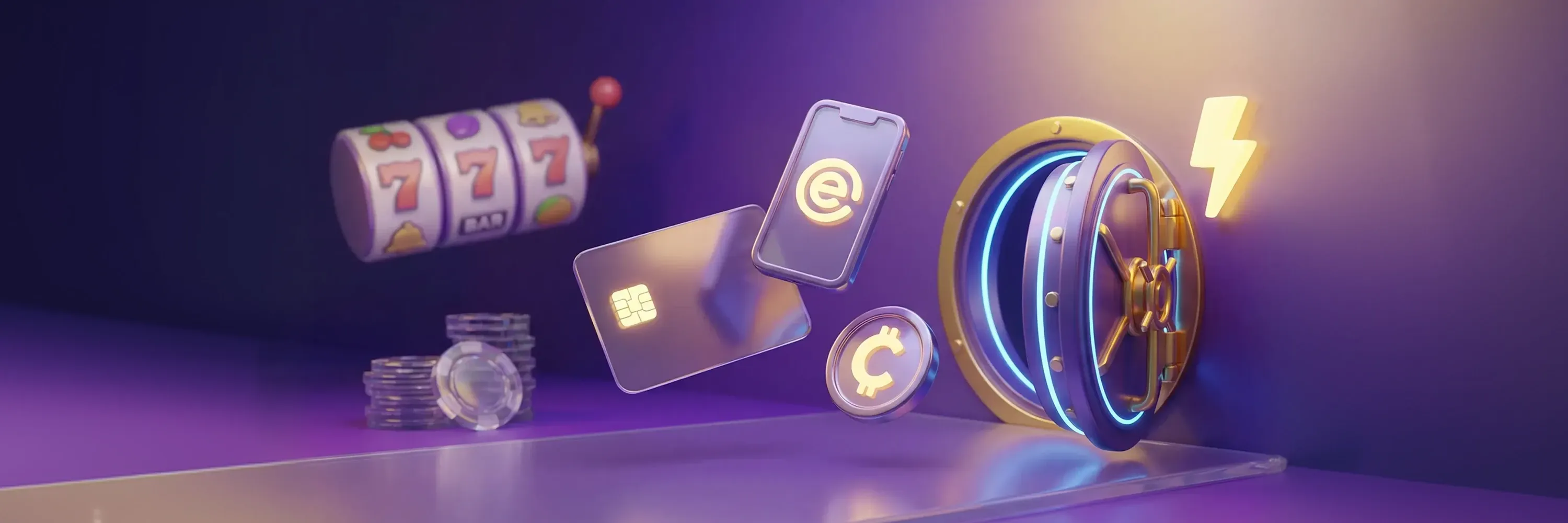 A 3D illustration shows digital payment elements like cards, coins, a slot machine, and a glowing vault door symbolizing secure and fast online transactions in a gaming environment