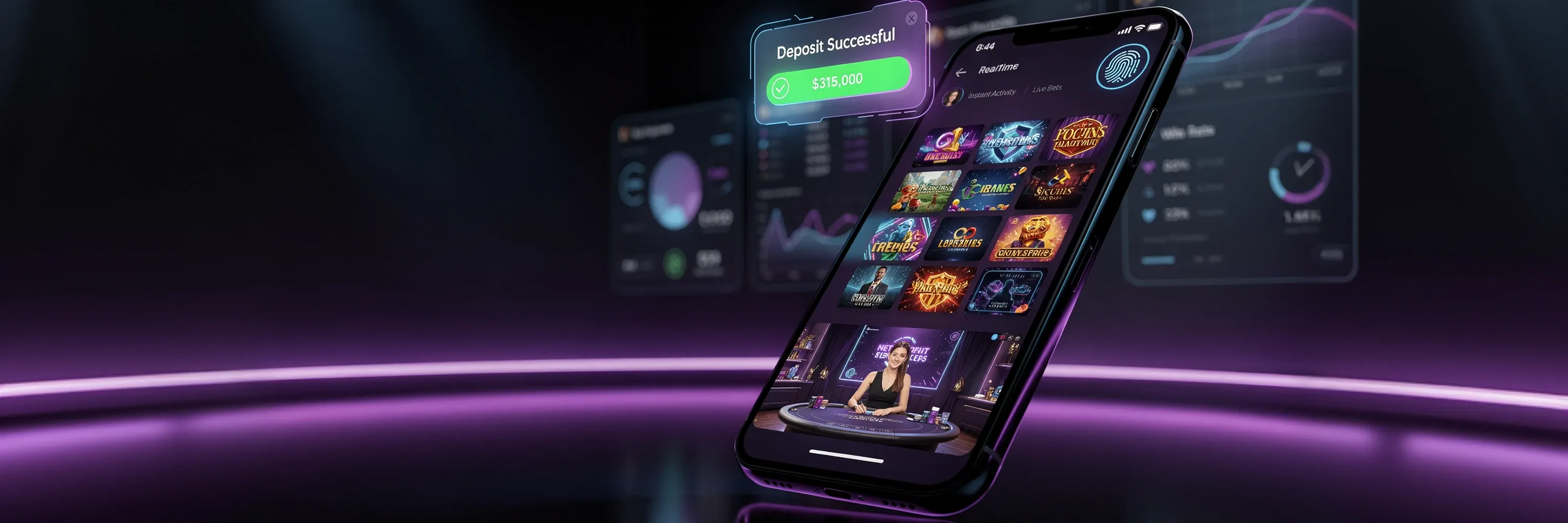 Mobile online casino app showing live dealer games, slot selection, real-time analytics dashboard, and successful deposit notification