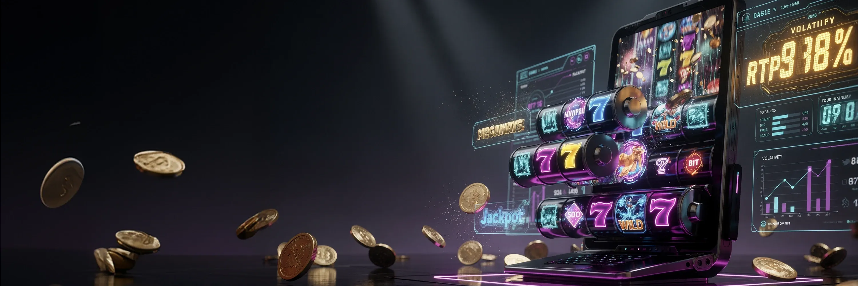 Online crypto slot machine on a laptop with jackpot symbols, RTP statistics, volatility charts, and falling Bitcoin coins