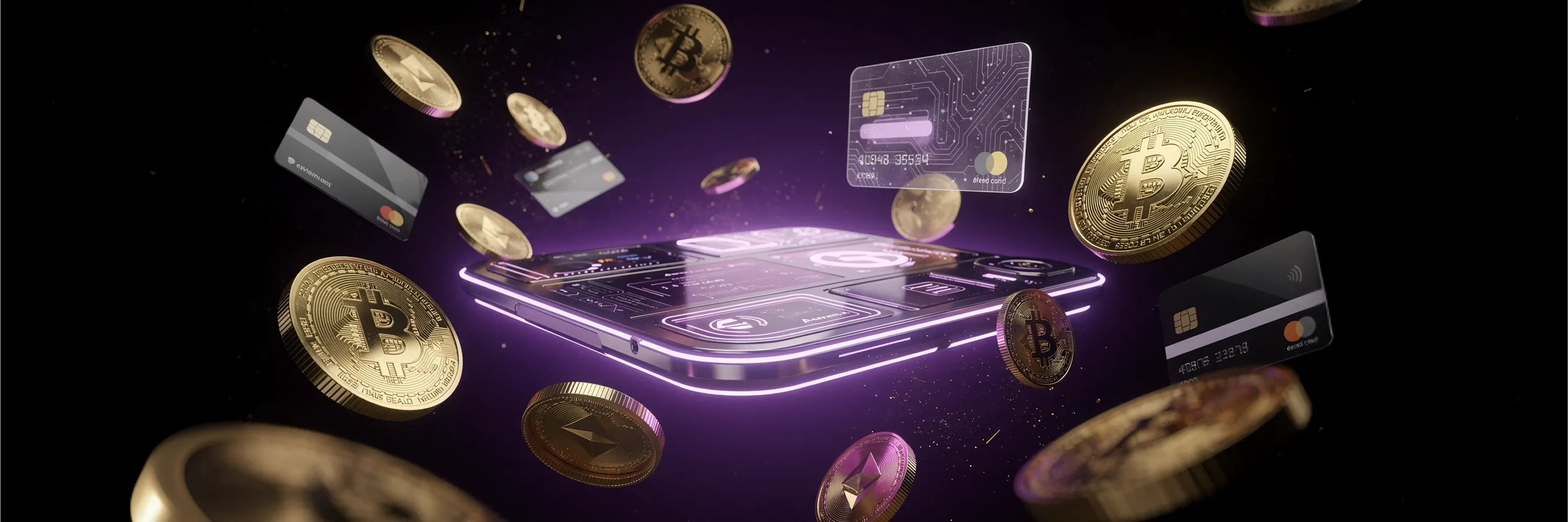 Mobile crypto wallet app with Bitcoin, Ethereum coins and digital payment cards floating around smartphone.