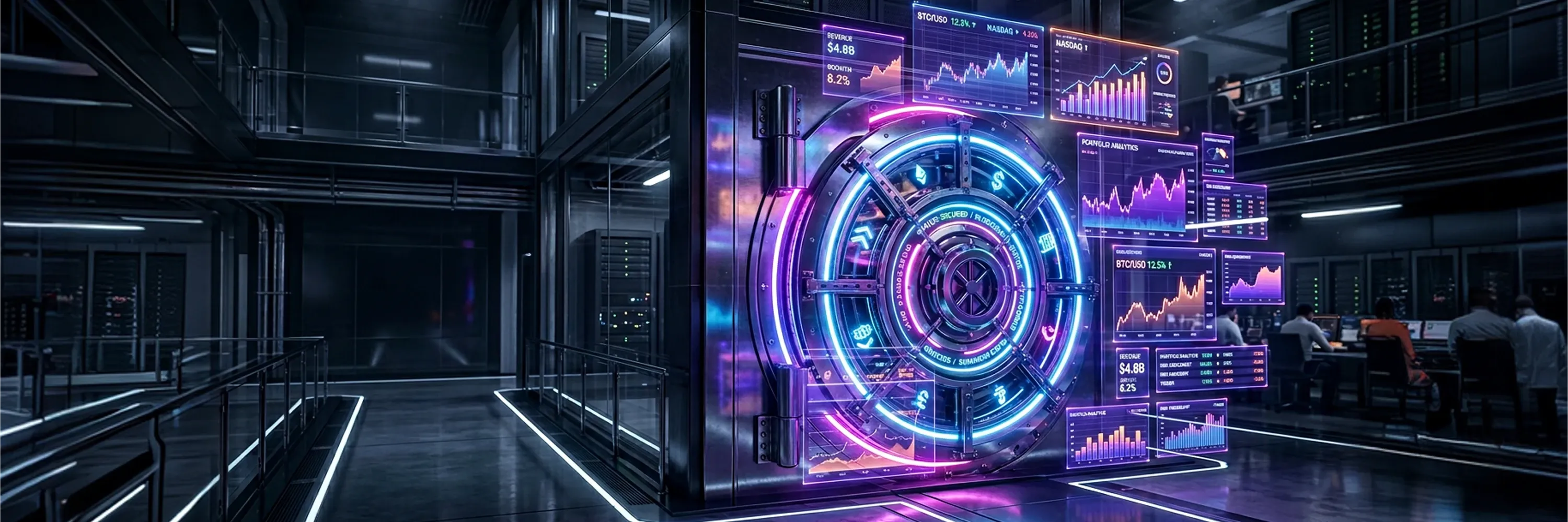 futuristic digital vault in a high-tech data center surrounded by glowing analytics dashboards and financial data visualizations