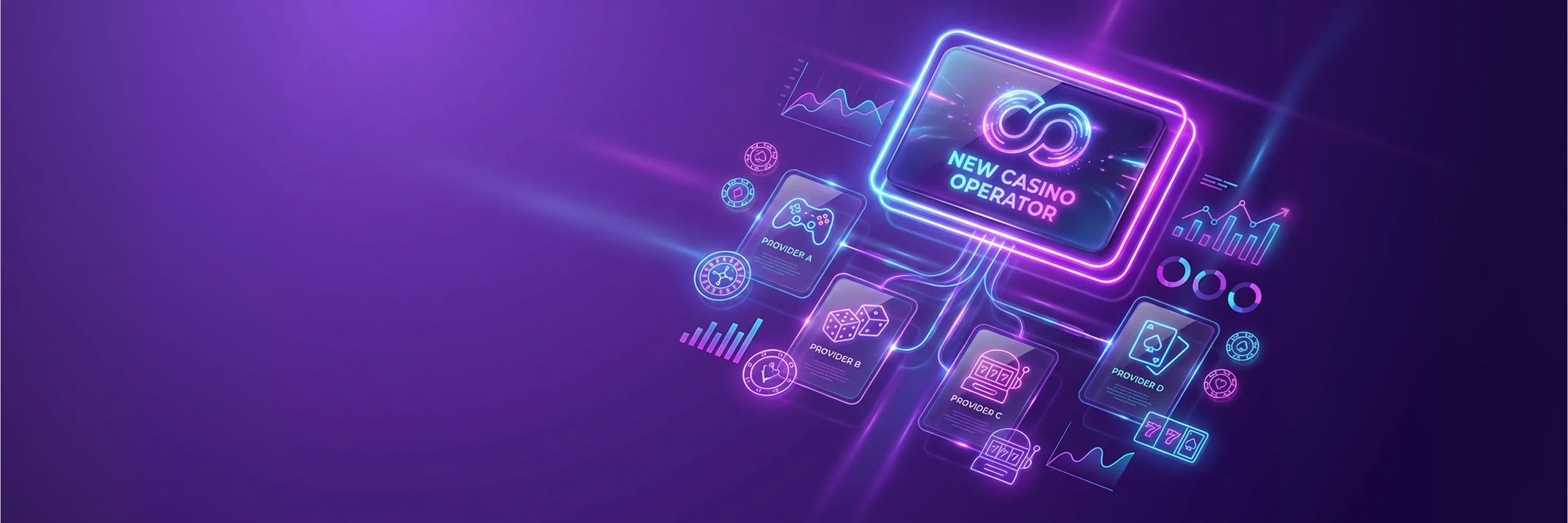 Illustration showing a new online casino operator connecting to multiple gaming providers, slots, and casino software platforms