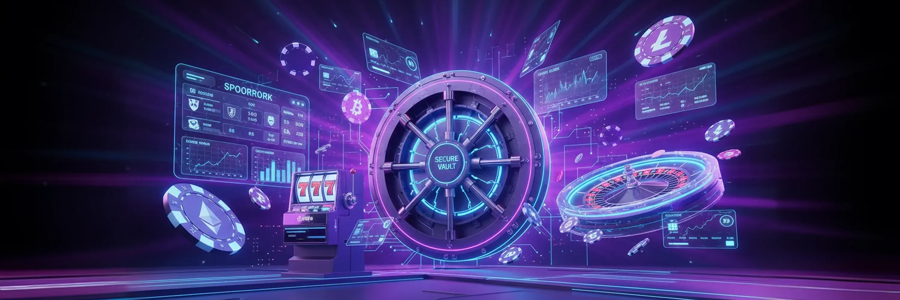 Crypto secure vault with blockchain assets, casino elements, and digital finance dashboards.
