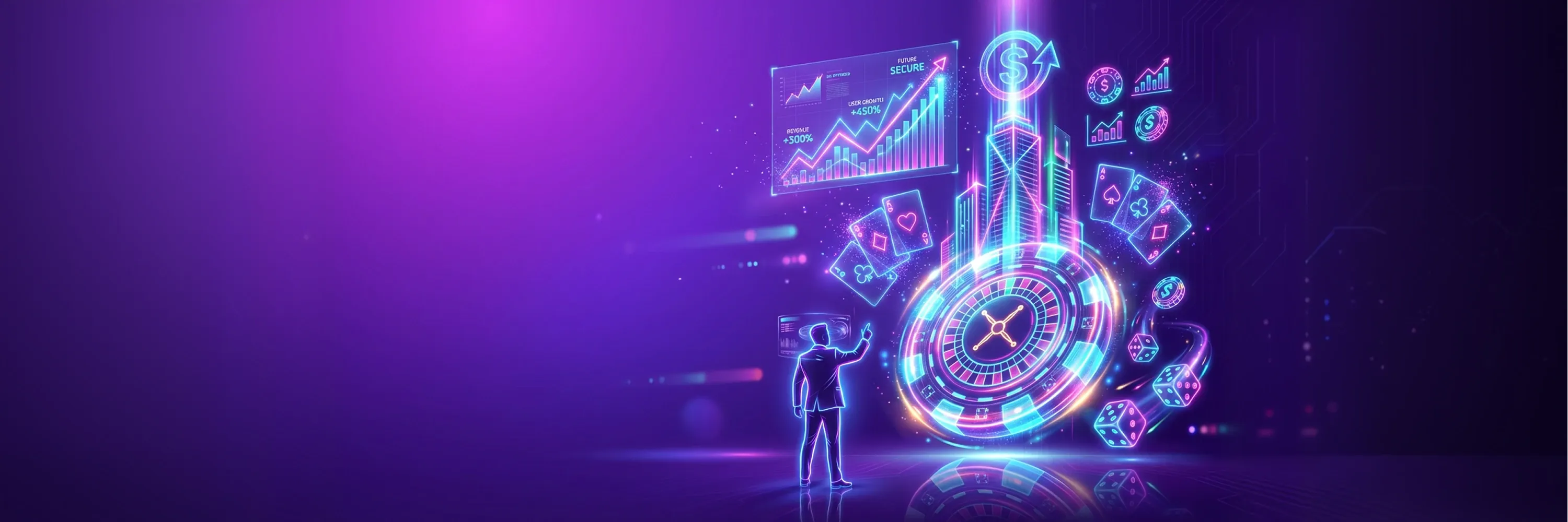 Futuristic visualization of AI-driven gaming analytics showing digital casino elements, financial growth charts, and data-driven decision systems.
