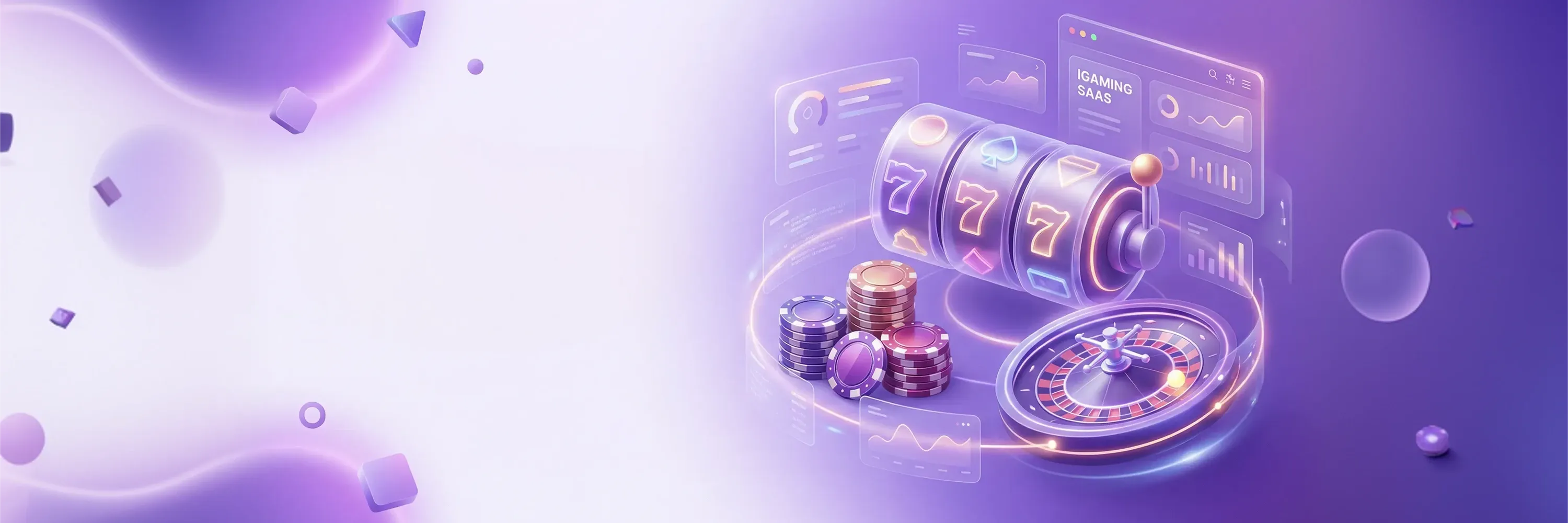 A futuristic 3D illustration shows an online casino platform with a glowing slot machine, roulette wheel, stacked chips, and analytical dashboards on a purple gradient background, representing modern iGaming technology and data driven gameplay