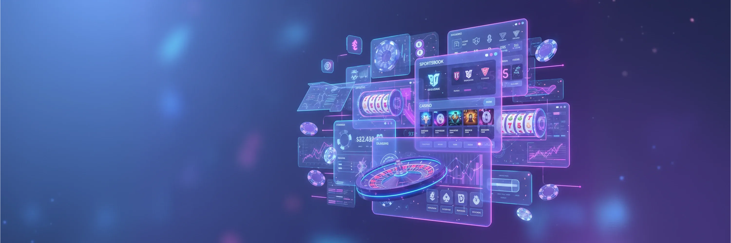 glowing futuristic digital interface showing slot machines, roulette table, and virtual dashboards in a neon purple and blue environment
