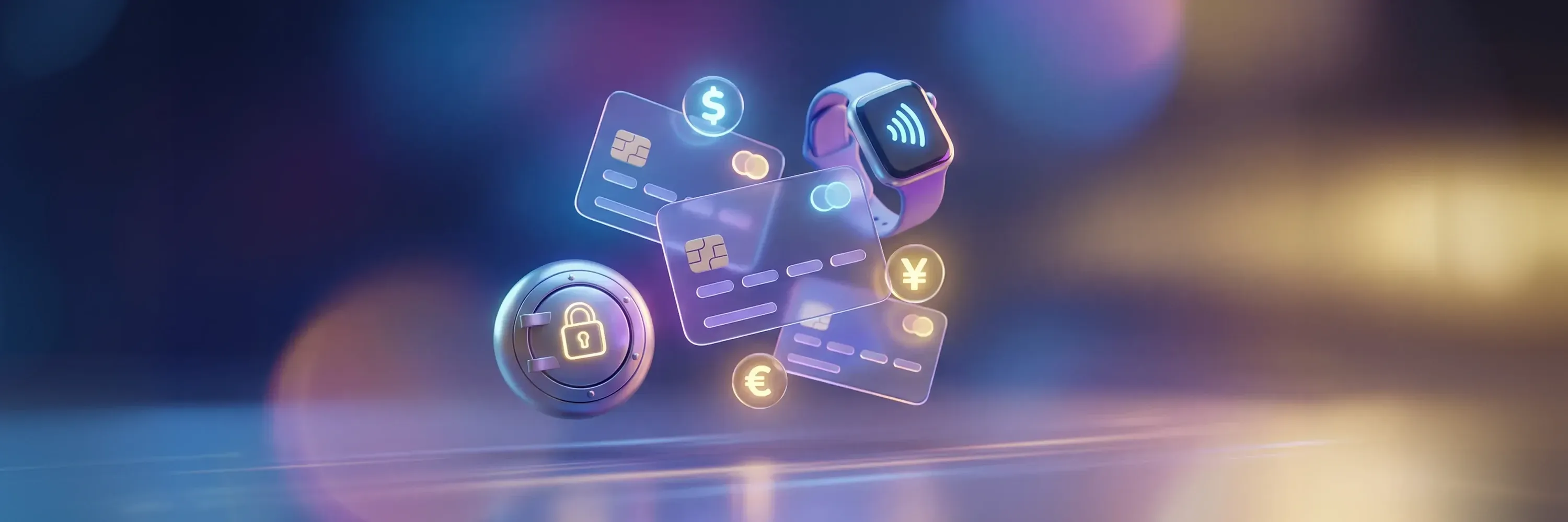 Futuristic illustration of secure digital payments showing contactless credit cards, biometric smartwatch authentication, currency icons, and encrypted financial security technology
