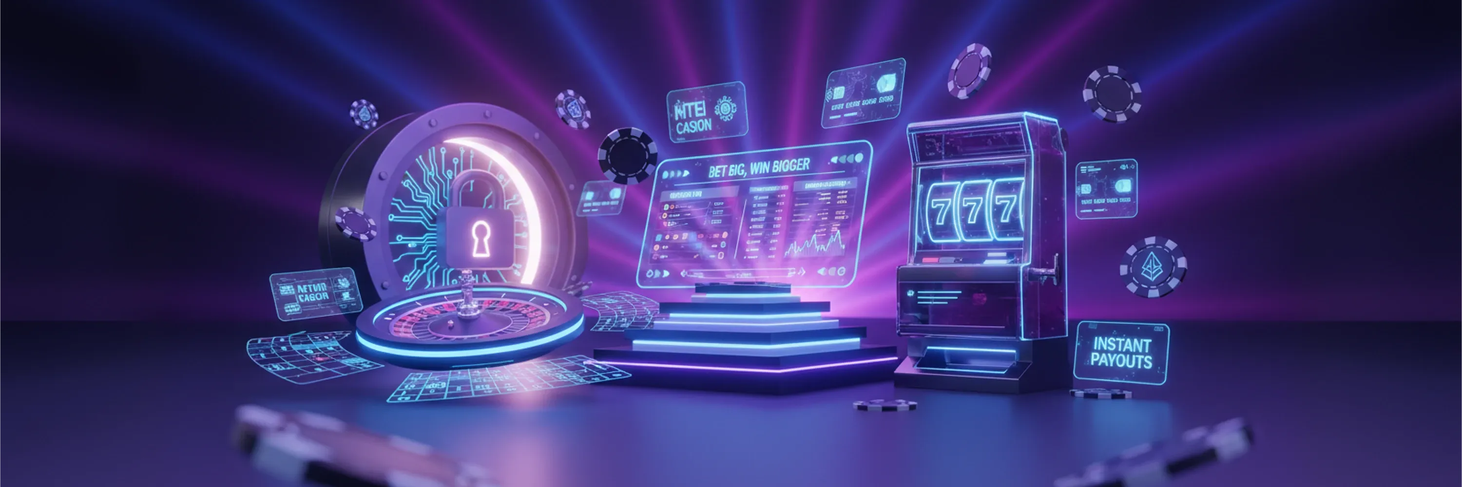 Secure online casino platform with encryption lock, roulette table, slot machine jackpot, and real-time gambling analytics dashboard