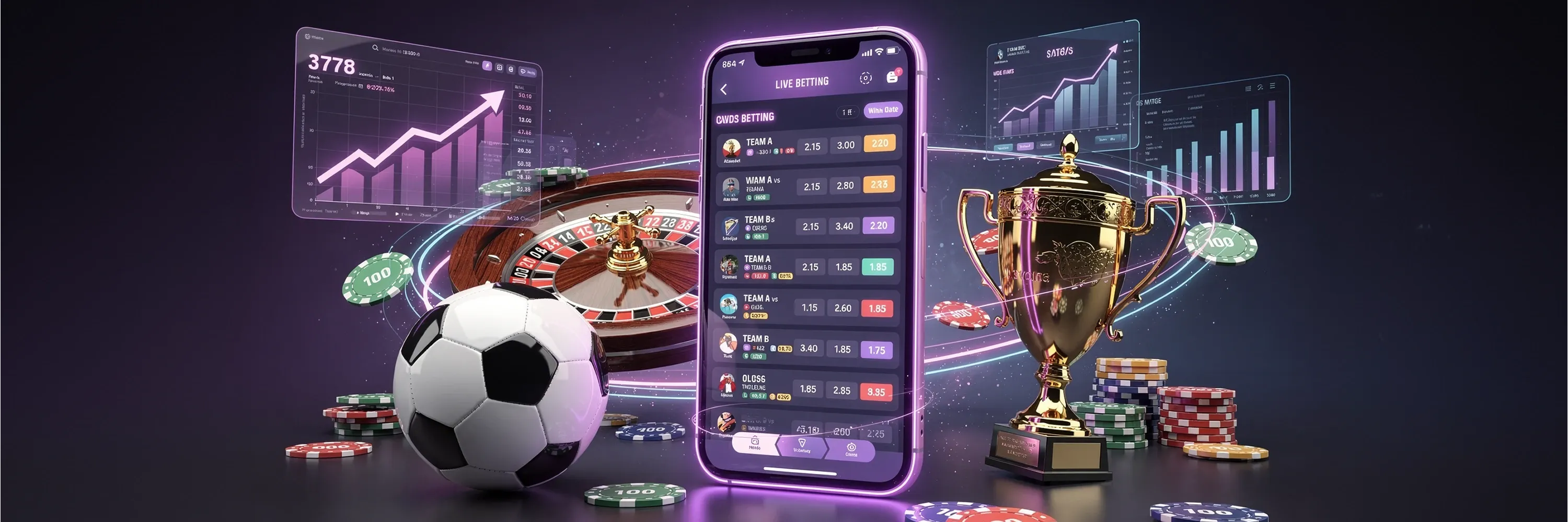 Mobile sports betting app with live odds, casino chips, roulette wheel, and analytics dashboards.