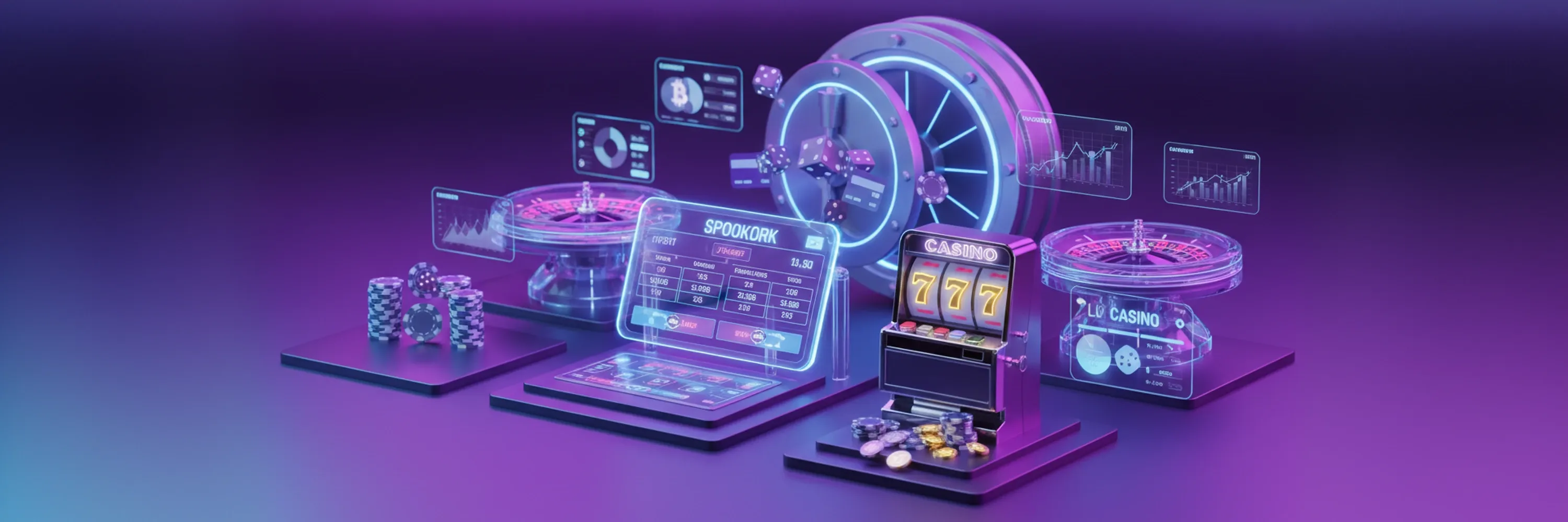 Futuristic digital casino platform with slot machine jackpot, roulette wheels, crypto dashboard, and gambling analytics interface