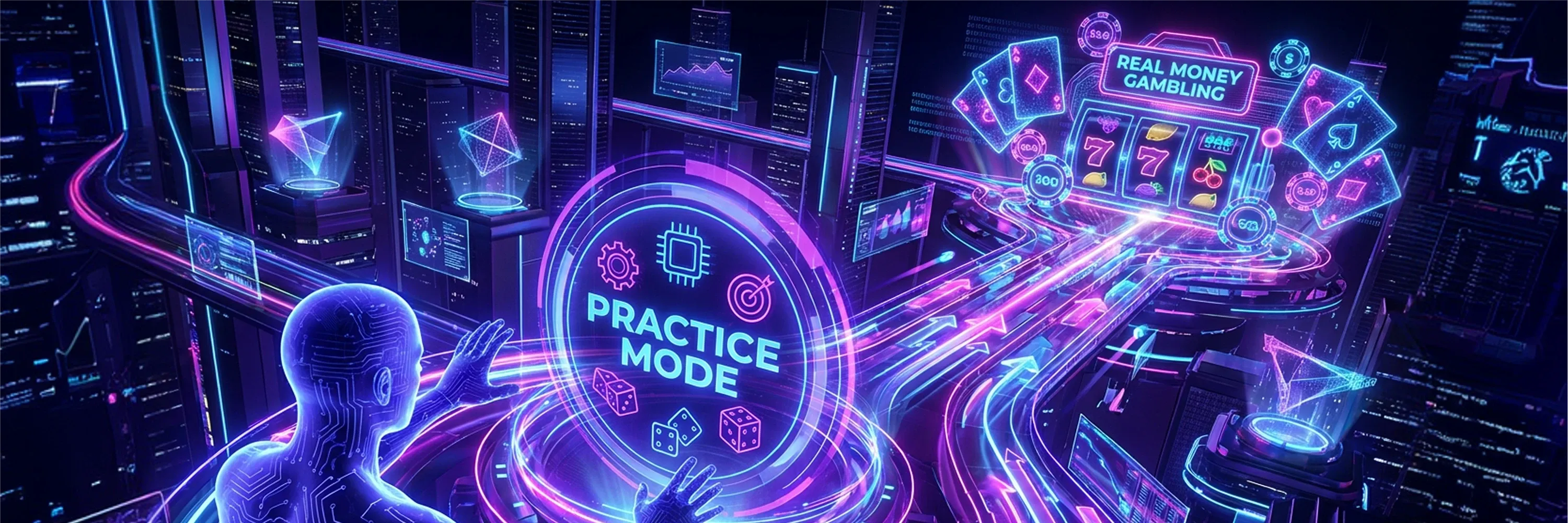 Digital casino interface showing practice mode gameplay and transition to real money gambling in an online gaming platform