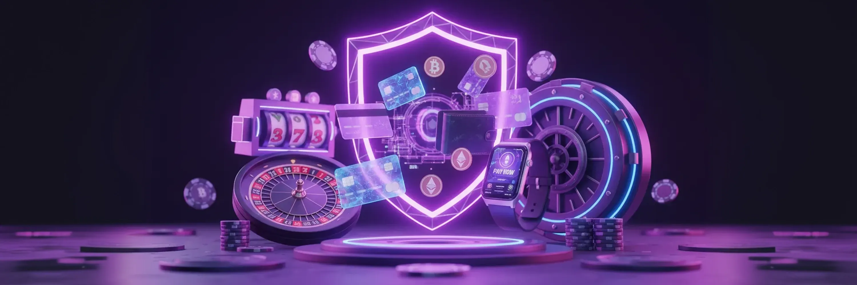 A neon-styled fintech security concept shows digital payments, cryptocurrency, and online gaming protected by a glowing cybersecurity shield