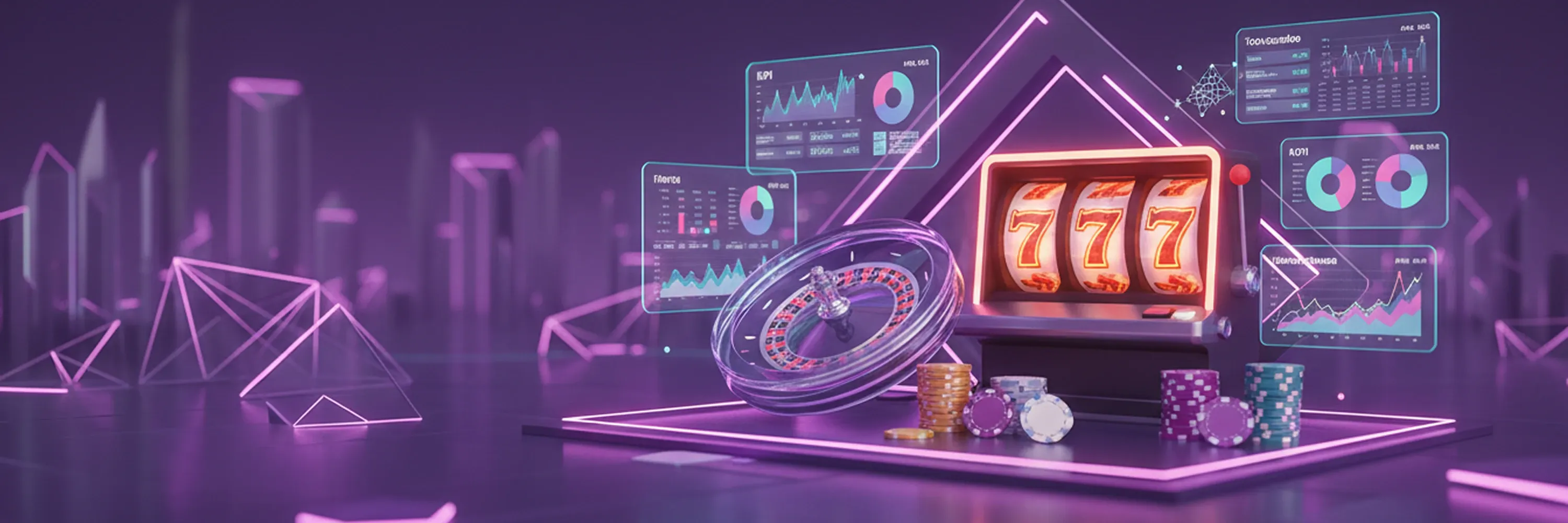 Digital casino slot machine showing jackpot with roulette wheel and analytics dashboards representing online gambling data and performance tracking