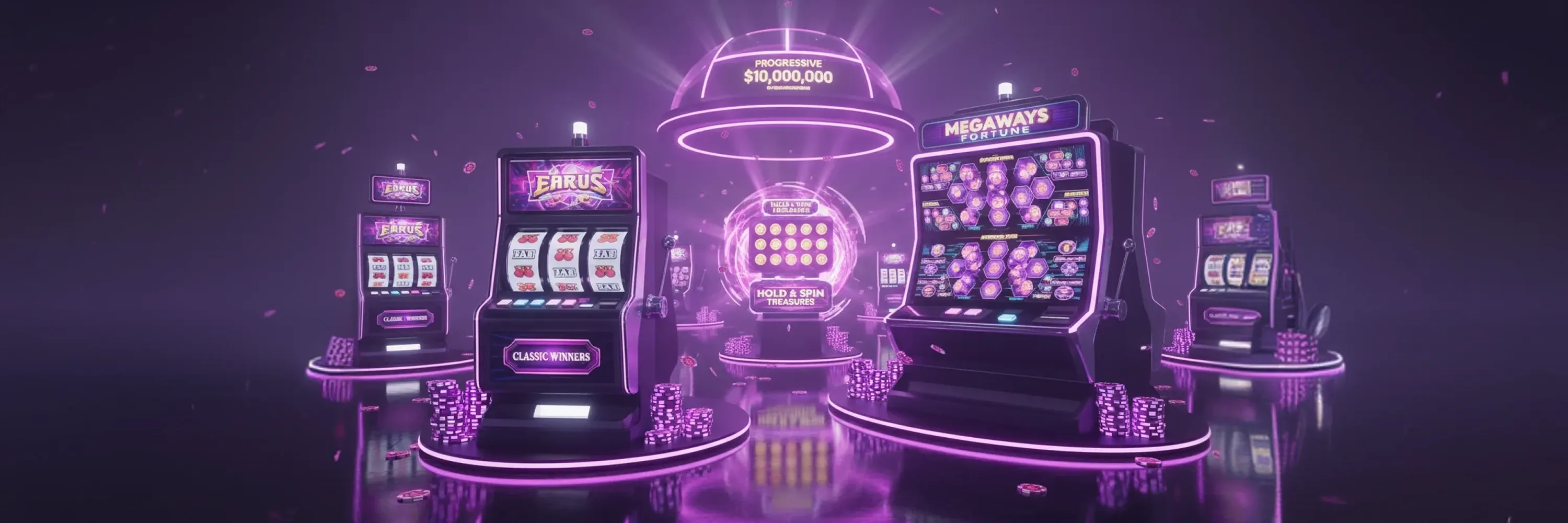 A neon-lit online casino scene features multiple slot machines, Megaways gameplay, and a progressive jackpot display surrounded by chips and winnings.