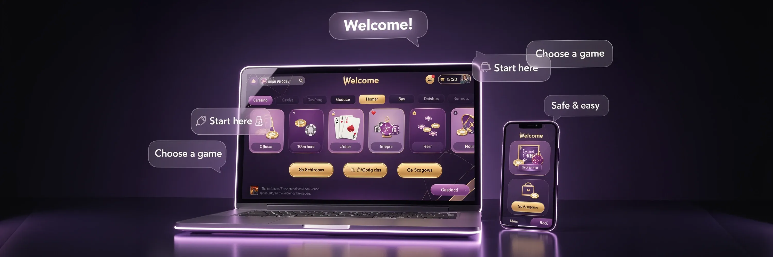 Online casino platform interface on desktop and mobile showing onboarding flow, game selection, and user-friendly navigation