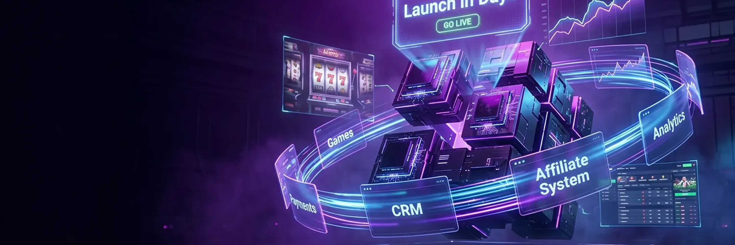 Futuristic AI-powered affiliate system platform visual showing integrated modules including CRM, payments, games, and analytics connected through a centralized data infrastructure.