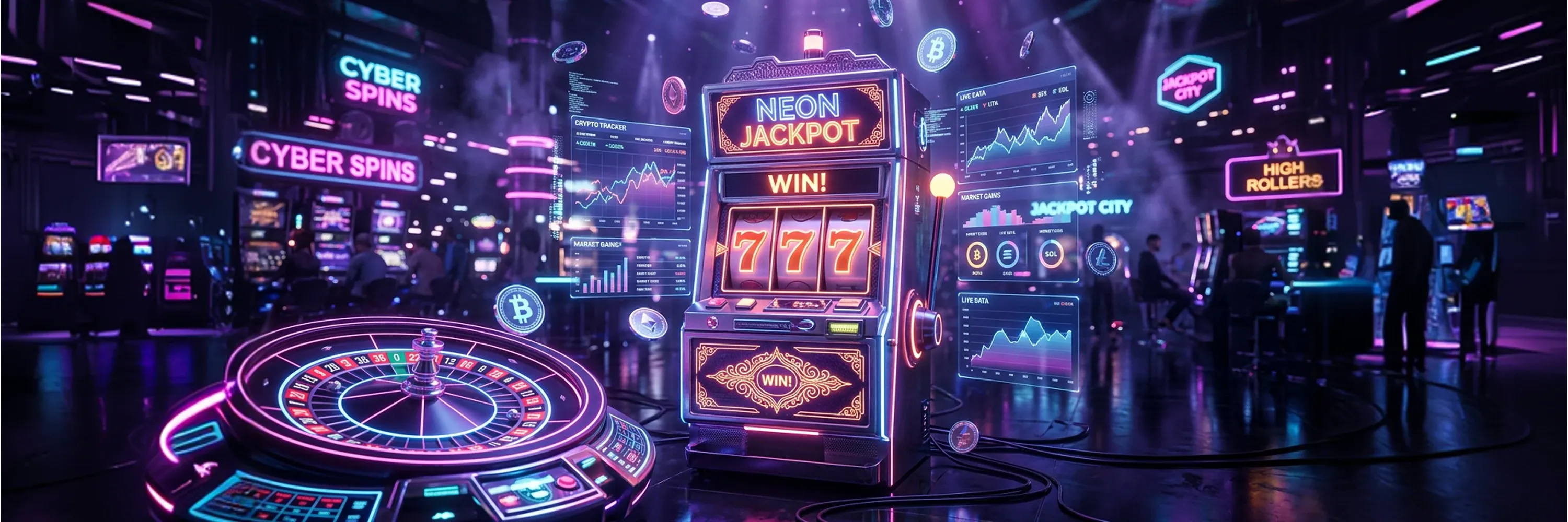 futuristic neon-lit casino environment with a slot machine displaying triple sevens, surrounded by digital graphics, roulette table, and animated data visuals