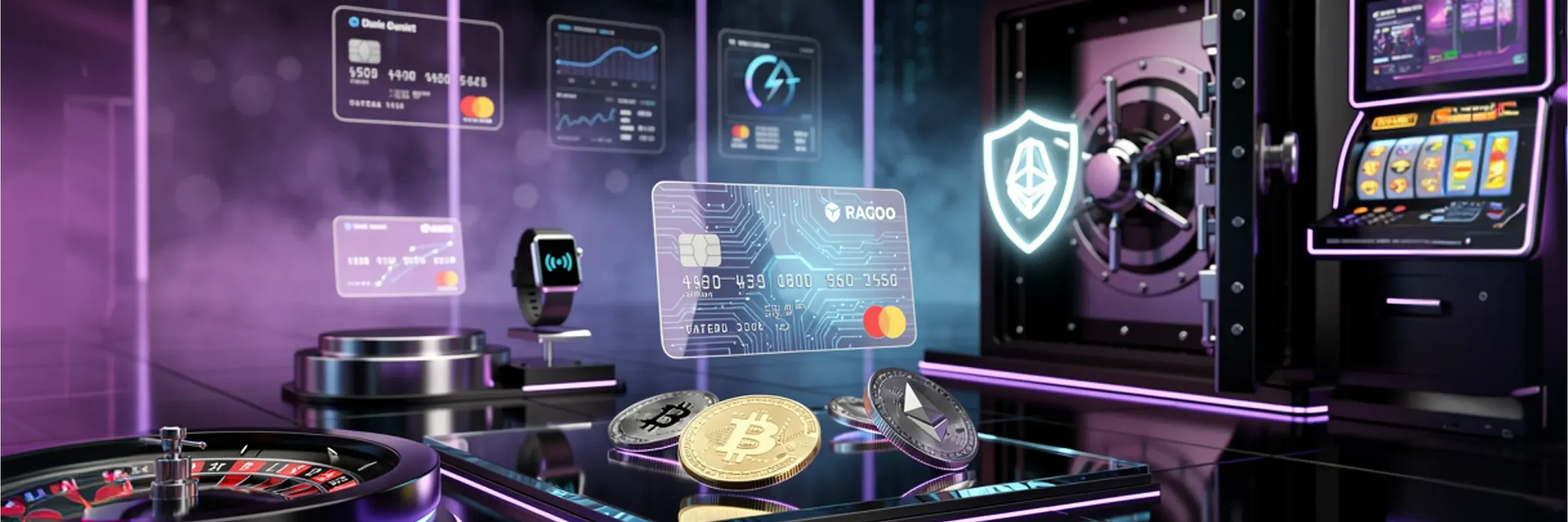 Futuristic AI-powered gaming and payments ecosystem featuring digital credit cards, cryptocurrency coins, smartwatch payments, and secure vault infrastructure integrated with casino gaming systems.
