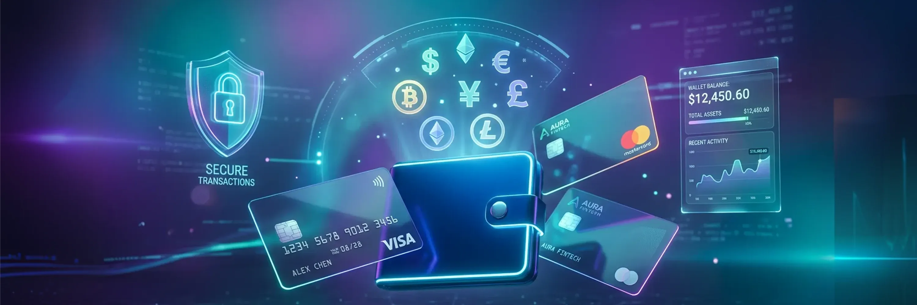 Digital wallet interface supporting multiple currencies and cryptocurrencies, featuring secure transactions, credit cards, and real-time financial analytics dashboard.
