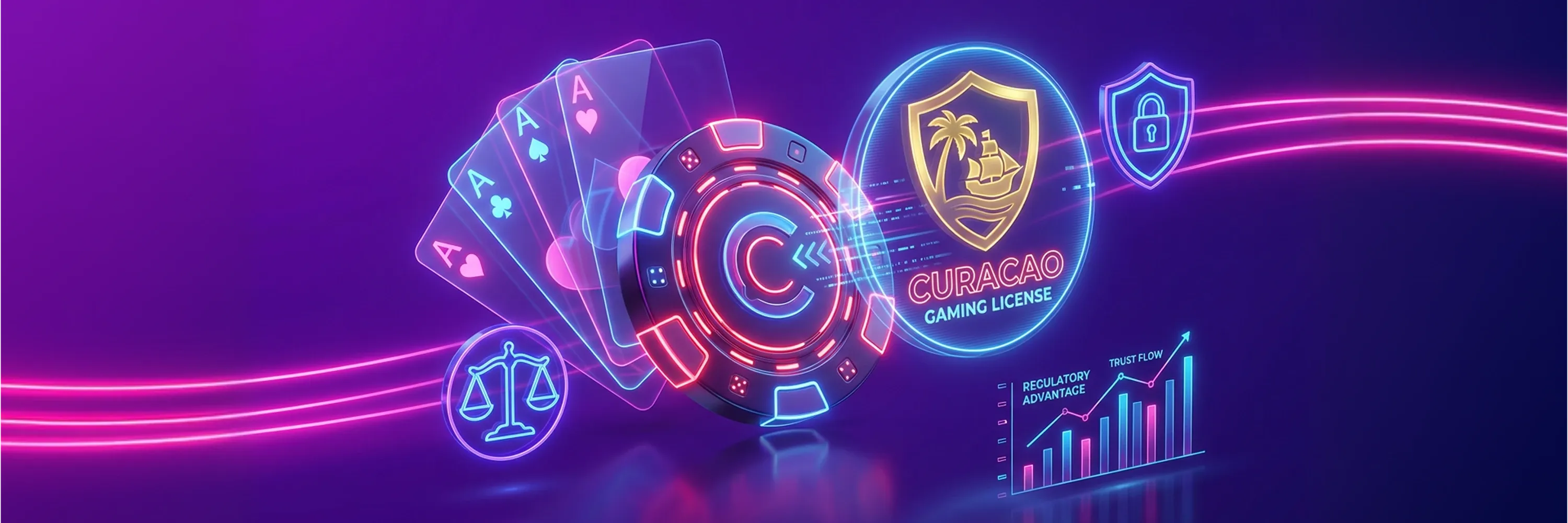 Curacao gaming license illustration showing online casino regulation, security, and legal compliance for gambling platforms