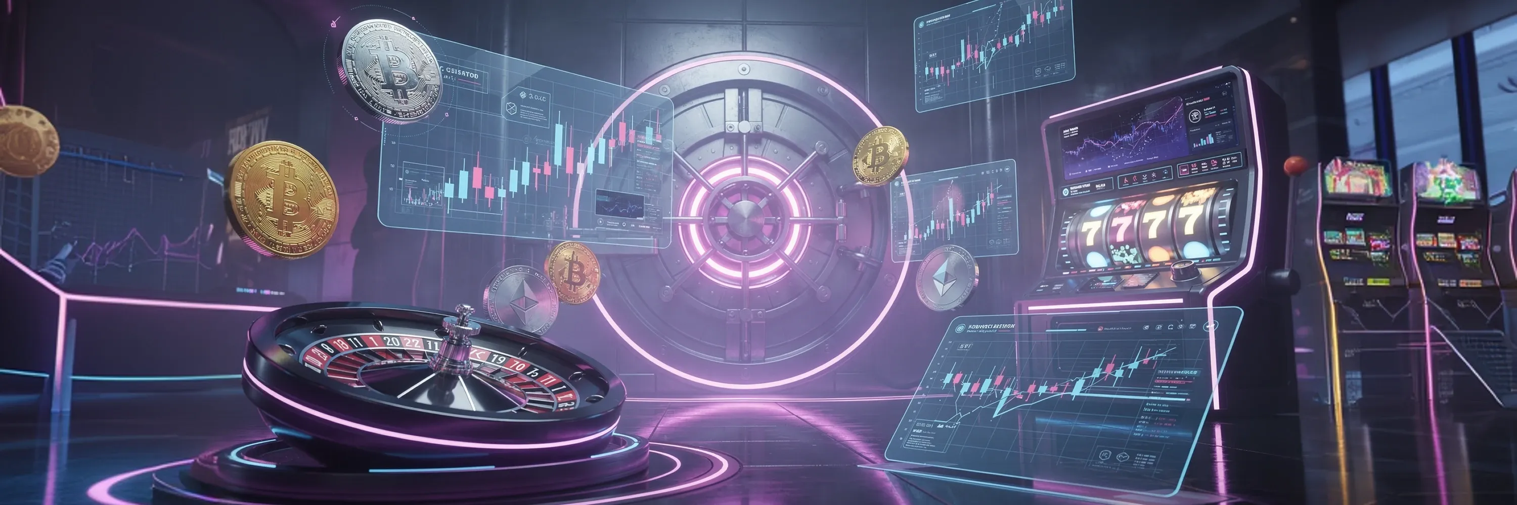 Futuristic crypto gambling scene with Bitcoin and Ethereum coins, roulette wheel, slot machine, and live trading dashboards inside a digital casino vault