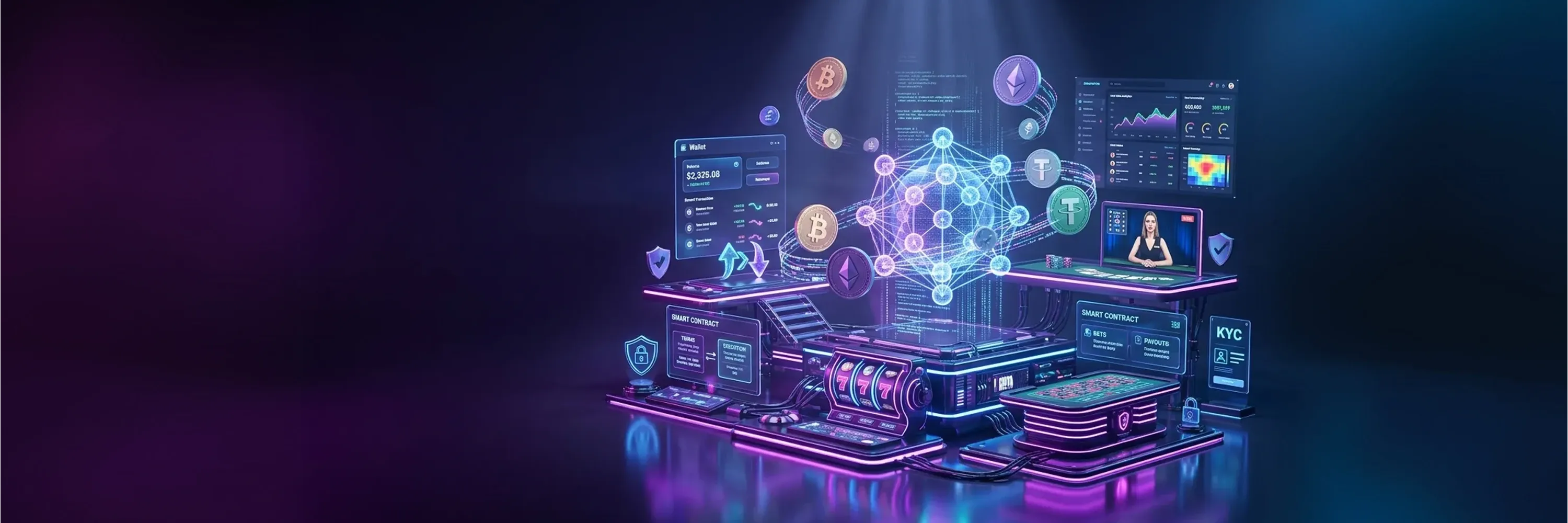 Futuristic blockchain casino platform with cryptocurrency payments, smart contracts, KYC verification, analytics dashboards, and decentralized gaming infrastructure.