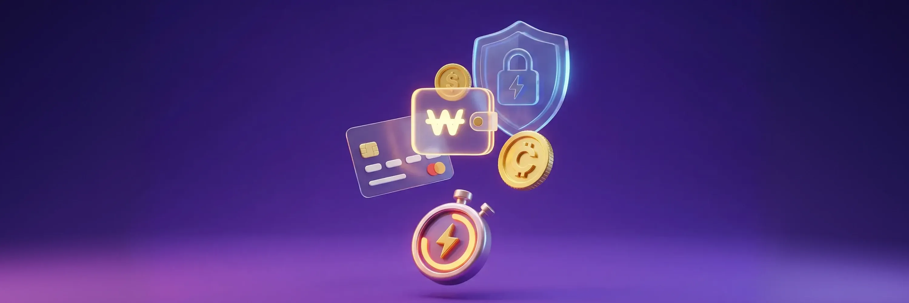 3D illustration representing secure digital payments with a wallet, credit card, coins, shield protection, and fast transaction processing