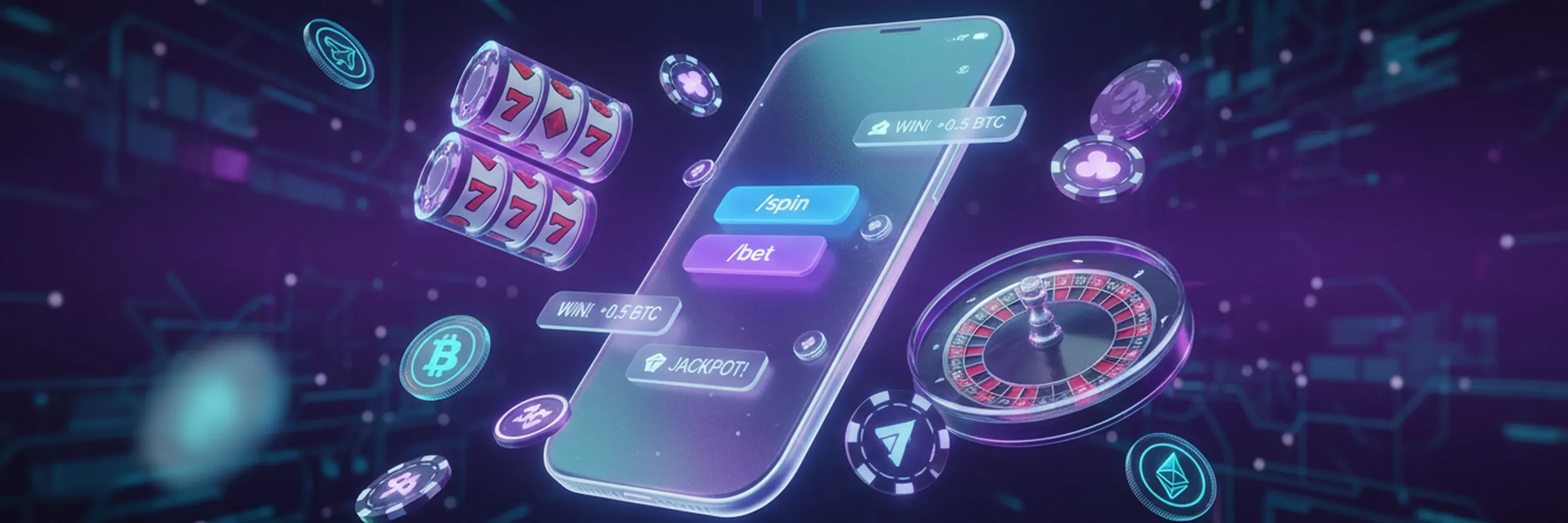 A mobile crypto casino app displays slot reels, roulette, and digital coins with Bitcoin and blockchain gambling elements in a futuristic interface