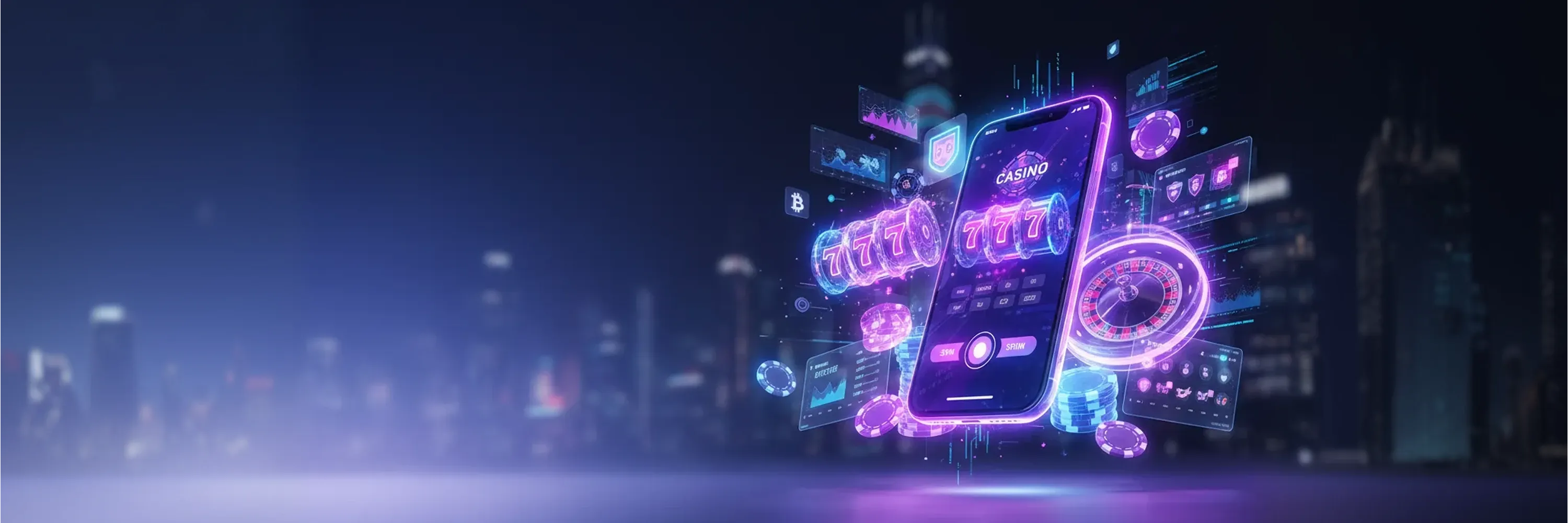 A futuristic mobile casino app interface displays 777 slot reels, roulette, and digital gambling dashboards floating over a city skyline