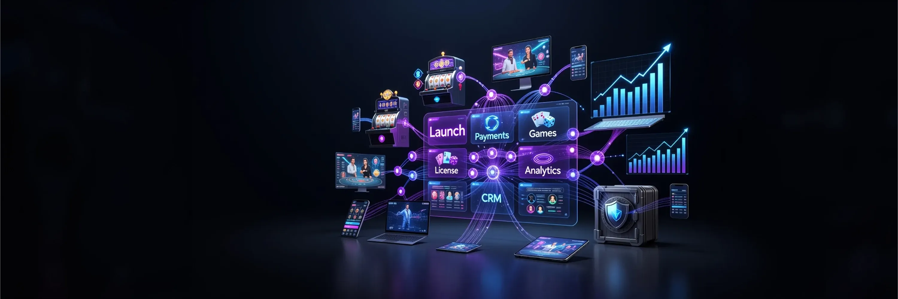 Digital illustration of iGaming platform ecosystem featuring launch, payments, games, licensing, CRM, and analytics connected across mobile and desktop devices with growth charts and security elements.