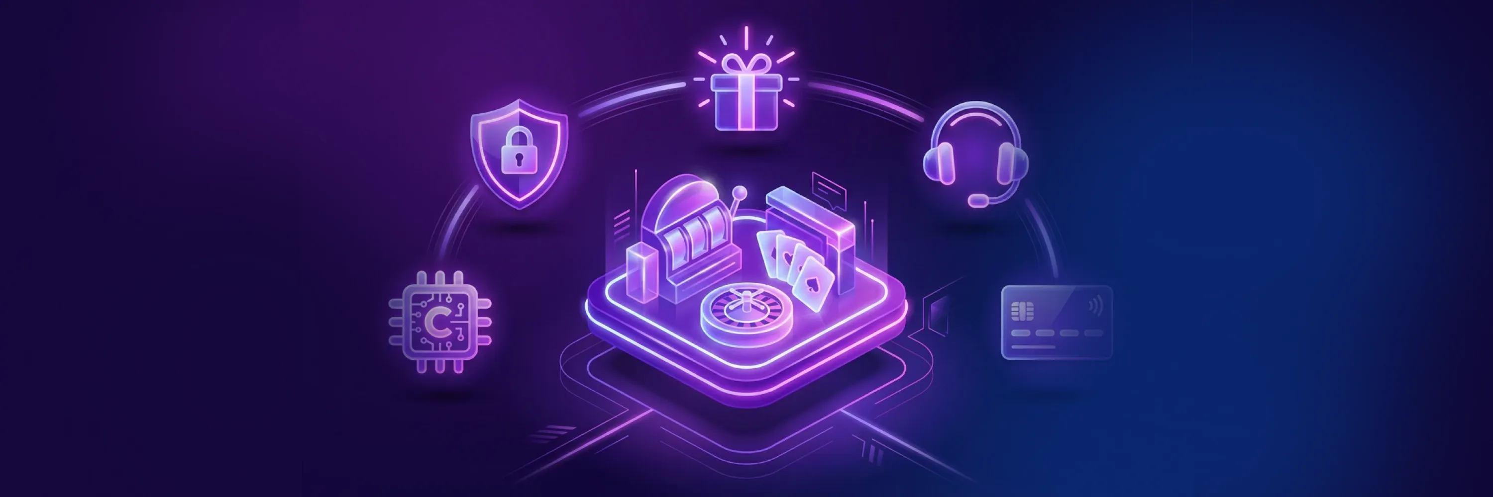 neon illustration of online casino platform with slot machine, roulette, secure payment system, AI chip, and customer support icons