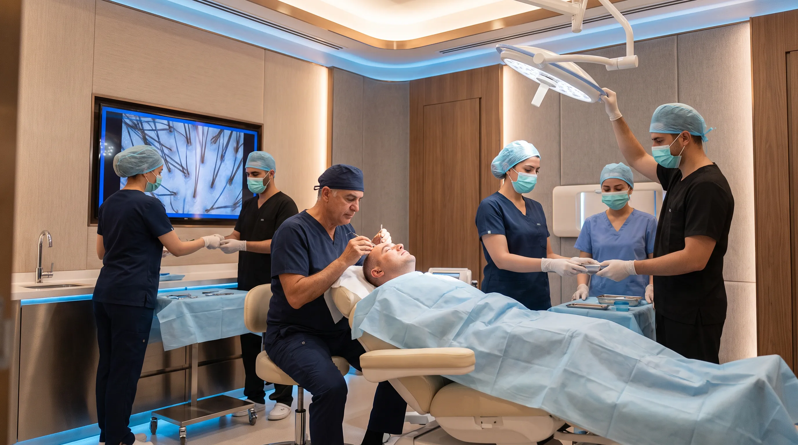 A doctor in surgical attire performs a hair transplant on a patient in a luxurious hospital room, assisted by staff with surgical tools.