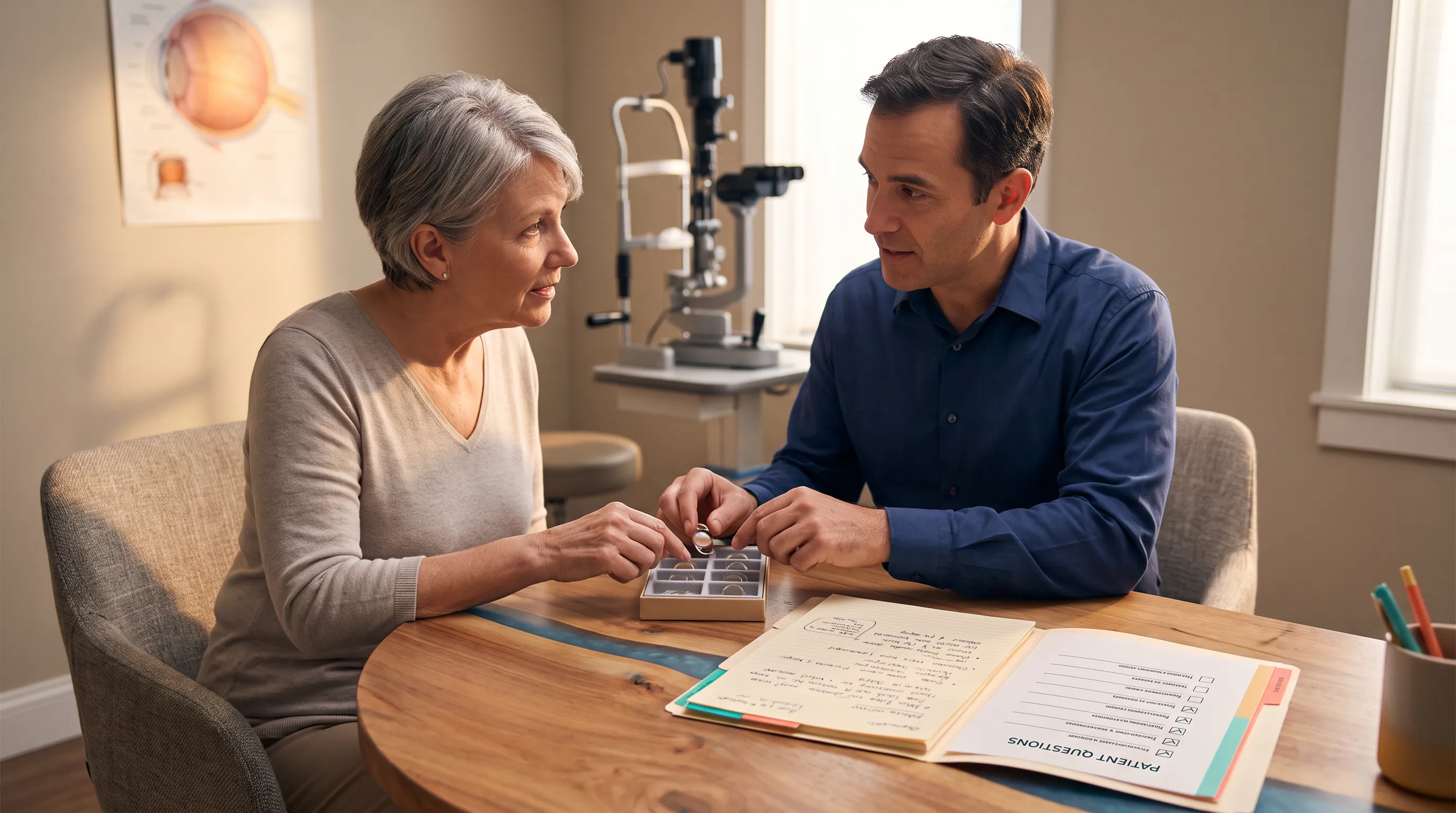 A warm, realistic ophthalmology consultation with a patient and doctor examining cataract lenses at a central table, surrounded by diagnostic materials.