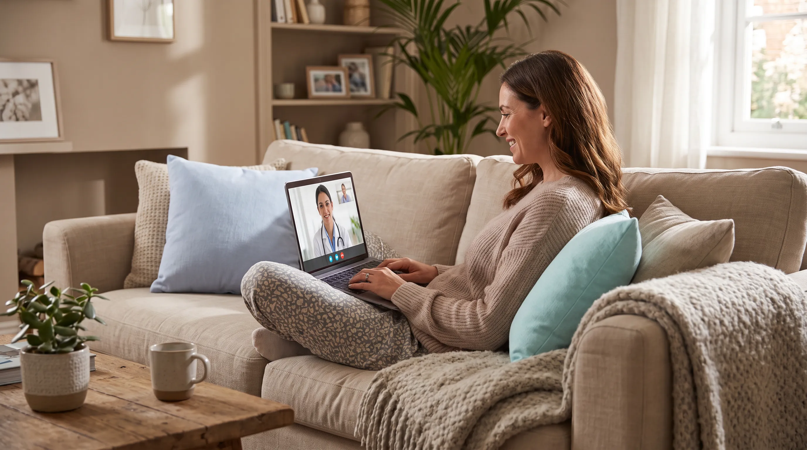 A woman comfortably seated on a sofa, engaged in a video call, surrounded by warm lighting and soft, neutral-toned decor.