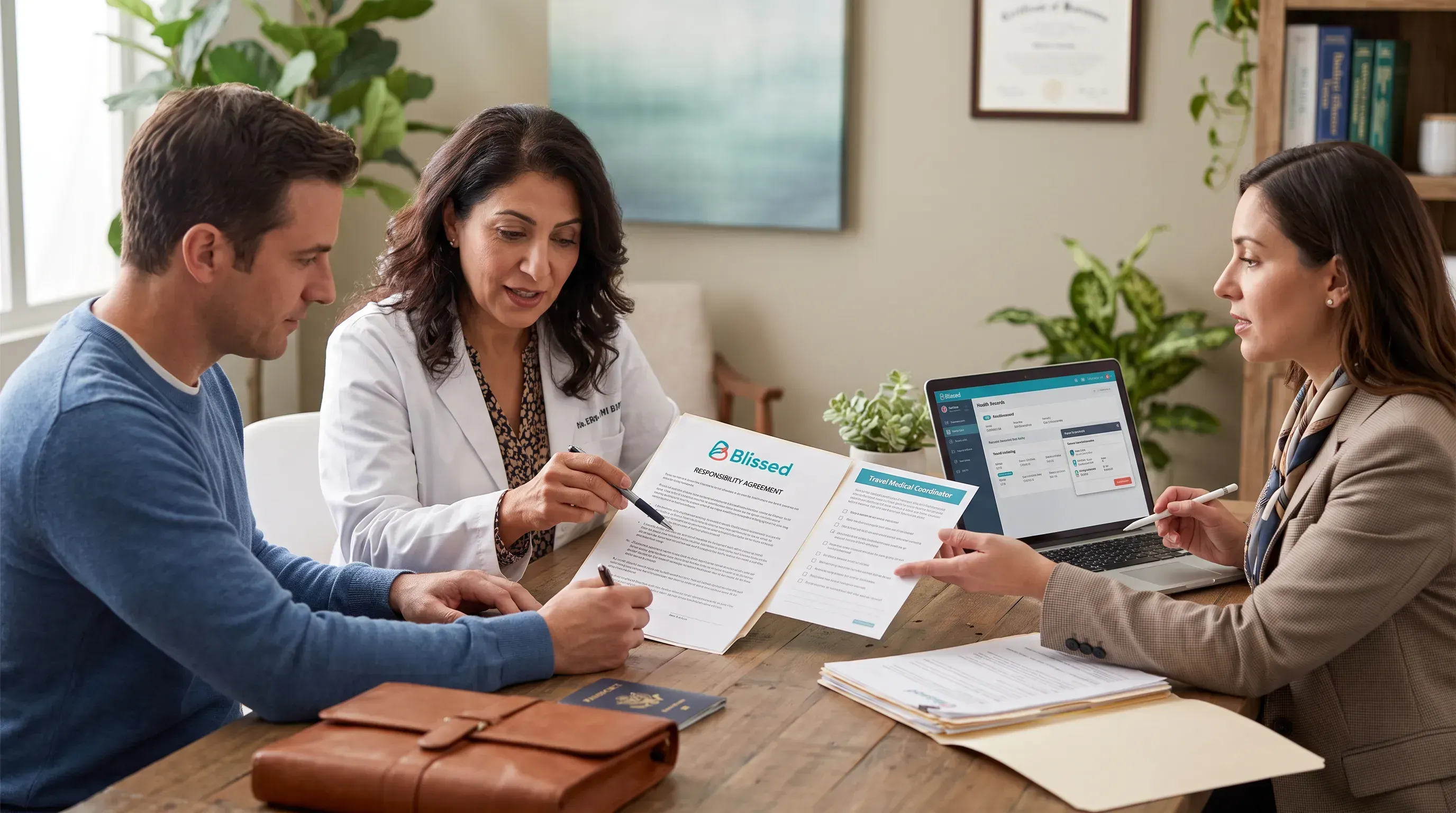 A diverse group discusses a central responsibility agreement document on a table, with the Blissed logo visible and travel cues nearby.