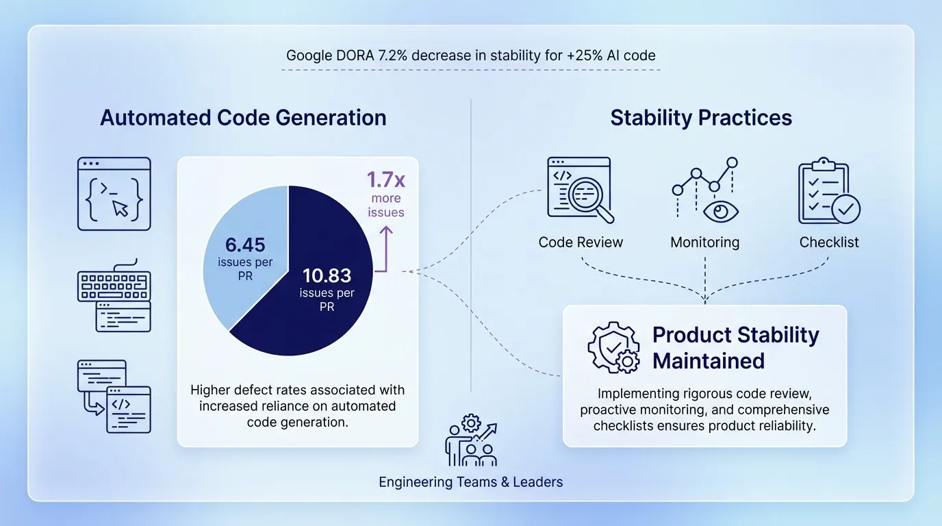 More bugs with AI code; stability needs review, monitoring, checklists.