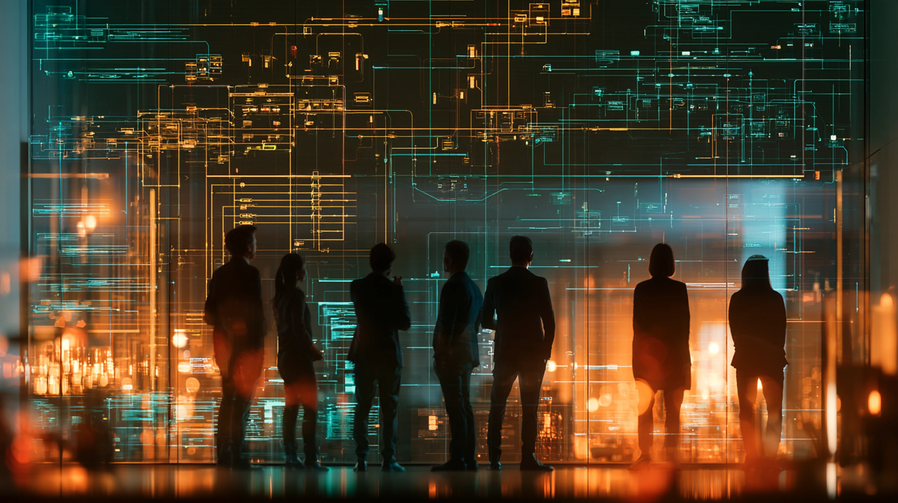 Business team viewing a digital technology network and interconnected data systems in a modern corporate environment