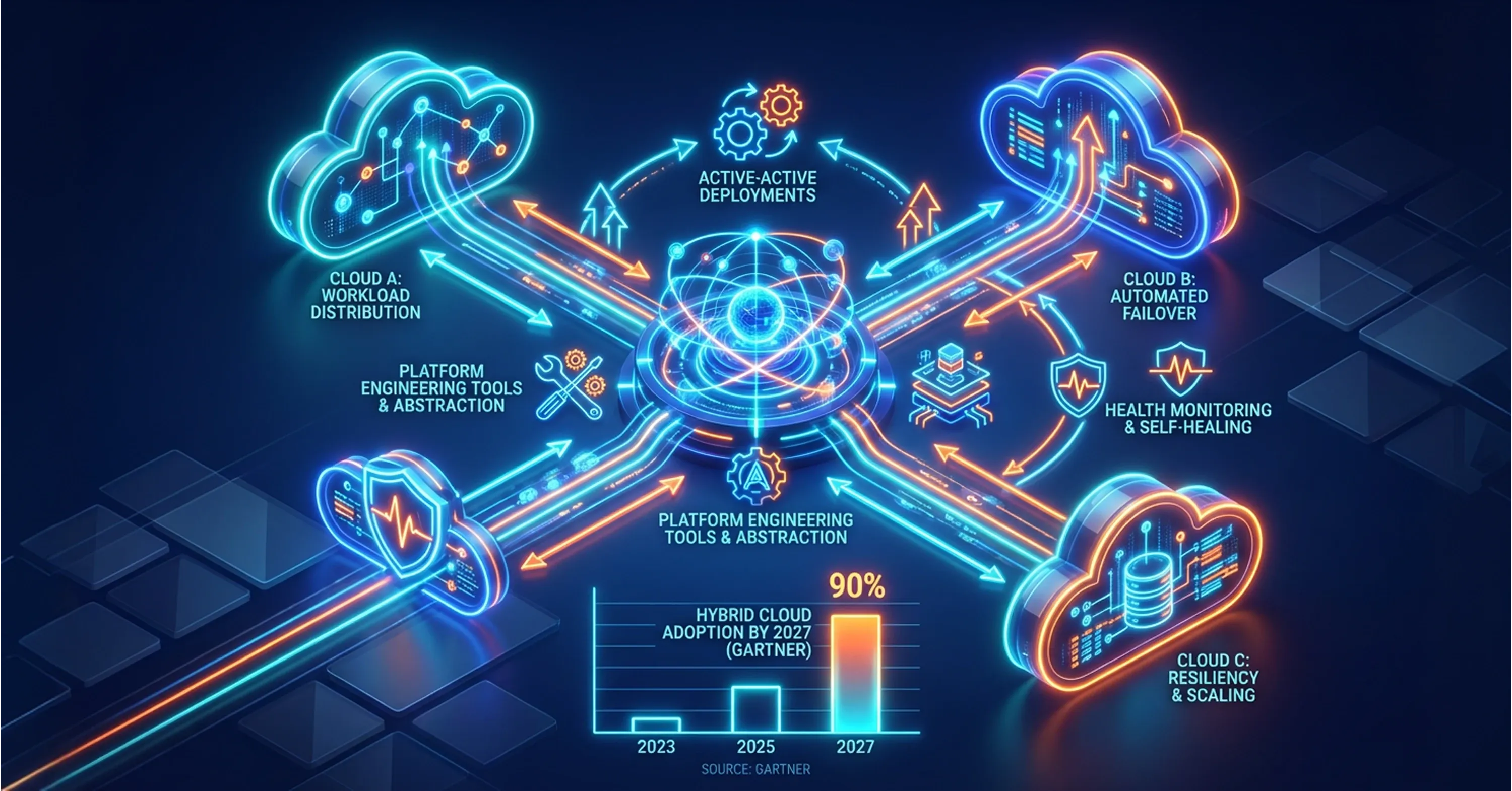 Infographic showing hybrid cloud architecture with AI platform engineering, workload distribution, failover, and scalability